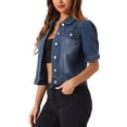 thumbnail image 4 of CHAQUETA DE JEAN PARA MUJER INSPIRE CHIC CON MANGAS CORTAS Y PUFF, CUELLO CAÍDO, AZUL OSCURO, TALLA XL, 4 of 6