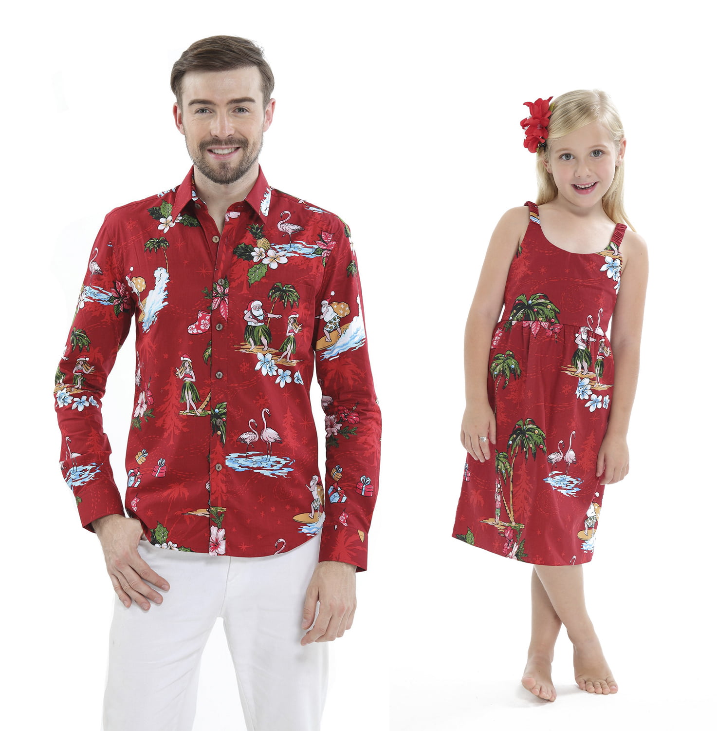 Details about   Christmas Santa in Hawaii Father Daughter Matching Luau Long S Shirt Dress Red 