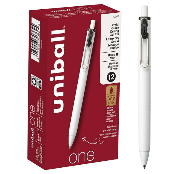 uni-ball 70362 uniONE 0.7 mm Retractable Gel Pen - Black Ink/White/Black Barrel/Medium (1-Dozen)