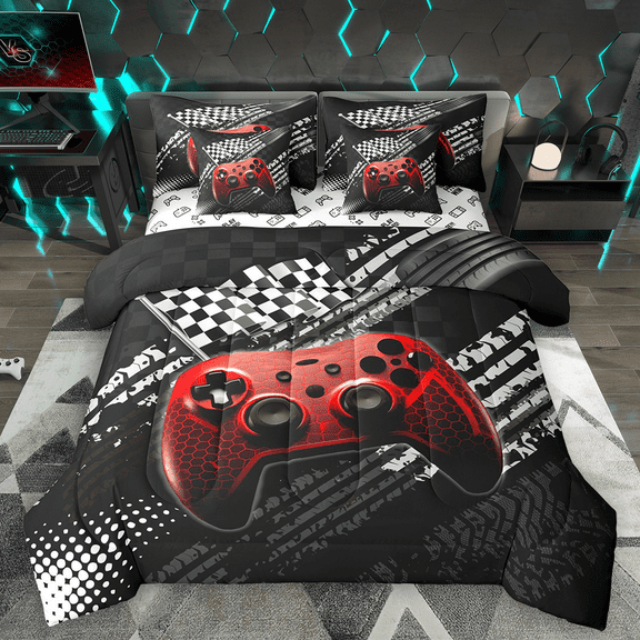 Manfei Red Game Controller Twin Bedding Sets 7pcs for Boys, Black White Racing Flag Bedding Comforter Set, Gamer Gamepad Sheet Sets, Breathable Home Decor