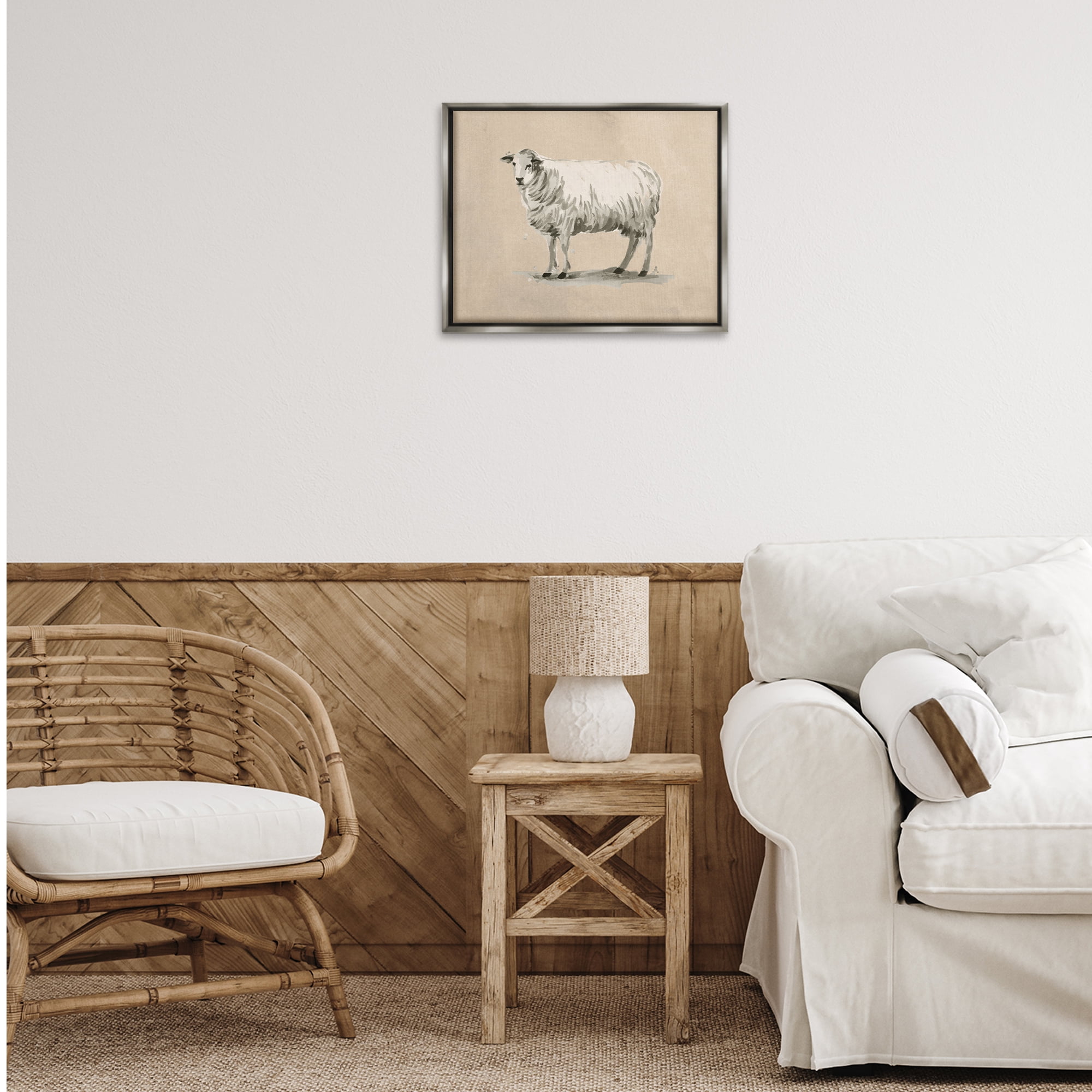 Stupell Industries Traditional Minimal Sheep Animals & Insects Painting Gray Floater Framed Canvas Art Print Wall Art, 21 x 17