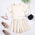thumbnail image 2 of Fesfesfes Children's Casual 2 Piece Summer Outfits Short Sleeve Round Neck Button Top and Solid Color Elastic Waist Shorts,Matching Sets for Girls,School Beach Clothing(Beige,4 Years), 2 of 9