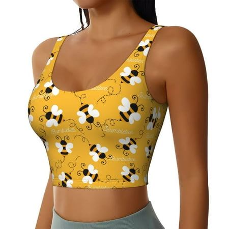 Lsque Cute Bee Butterfly Yelllow Printed Women S Sports Bra  Compression  Moisture Wicking  High-Impact Sports Bra For Women Supportive sports bra-Small