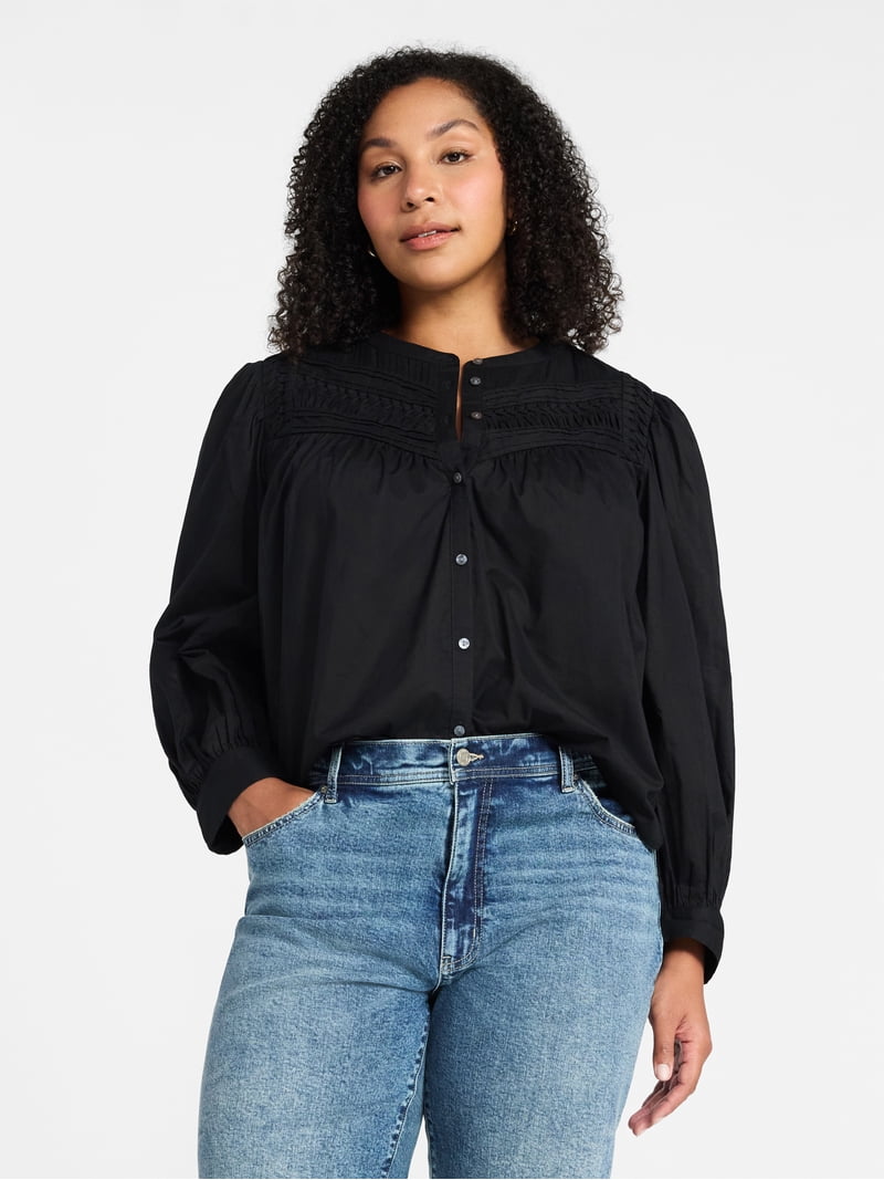 Time and Tru Women's Textured Yoke Cotton Blouse with Long Puff