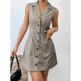 thumbnail image 2 of Women'S Button Down Short Dresses Sleeveless A Line Shirt Dress with Pocket Gray Grid L, 2 of 6