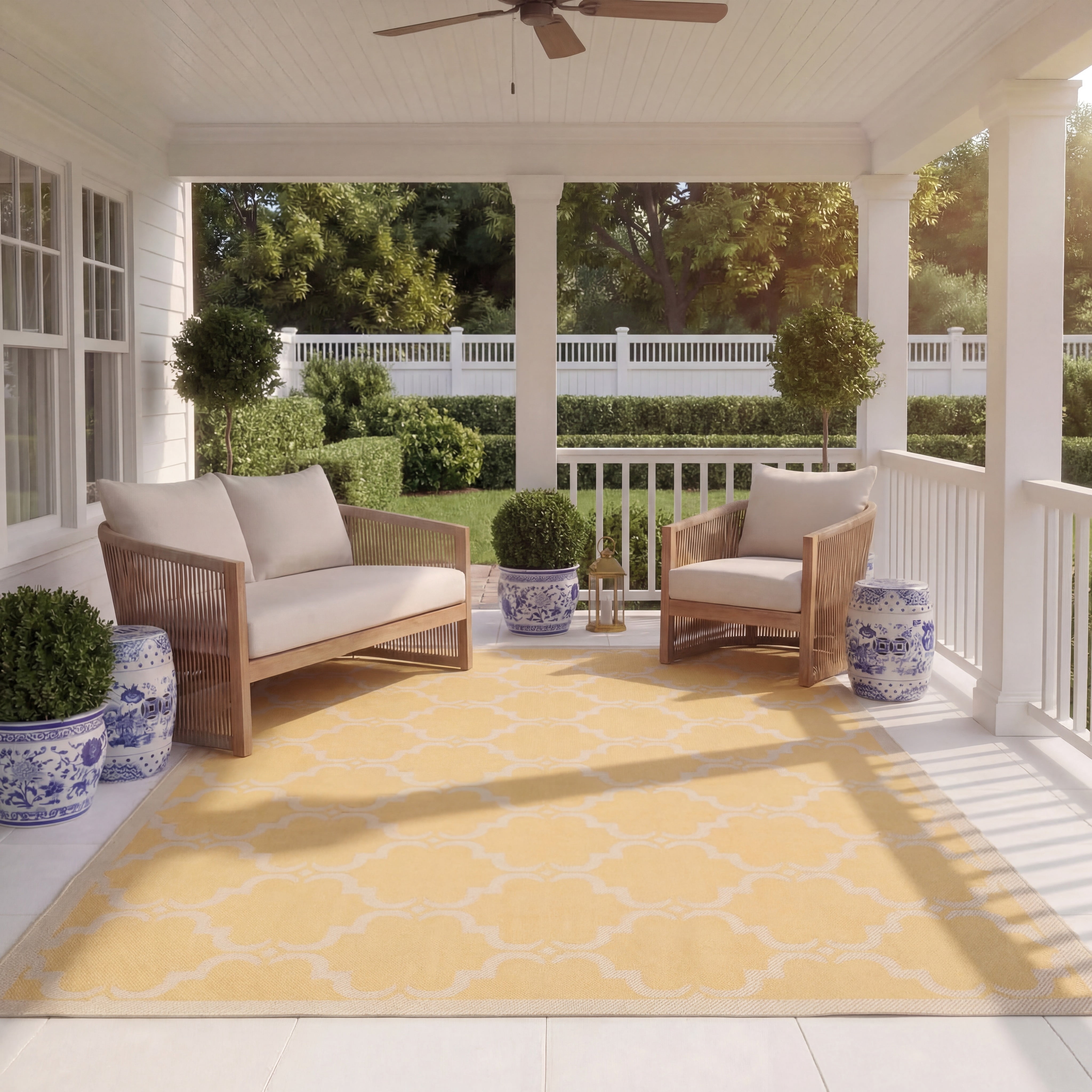 SAFAVIEH Courtyard Estelle Geometric Indoor/Outdoor Area Rug, Yellow/Beige, 4' x 4' Square