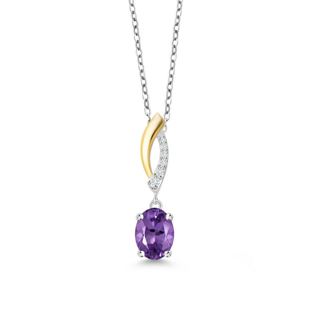 Gem Stone King 1.20 Ct Oval Purple Amethyst 925 Silver and 10K Yellow Gold  Lab Grown Diamond Pendant Necklace with Chain
