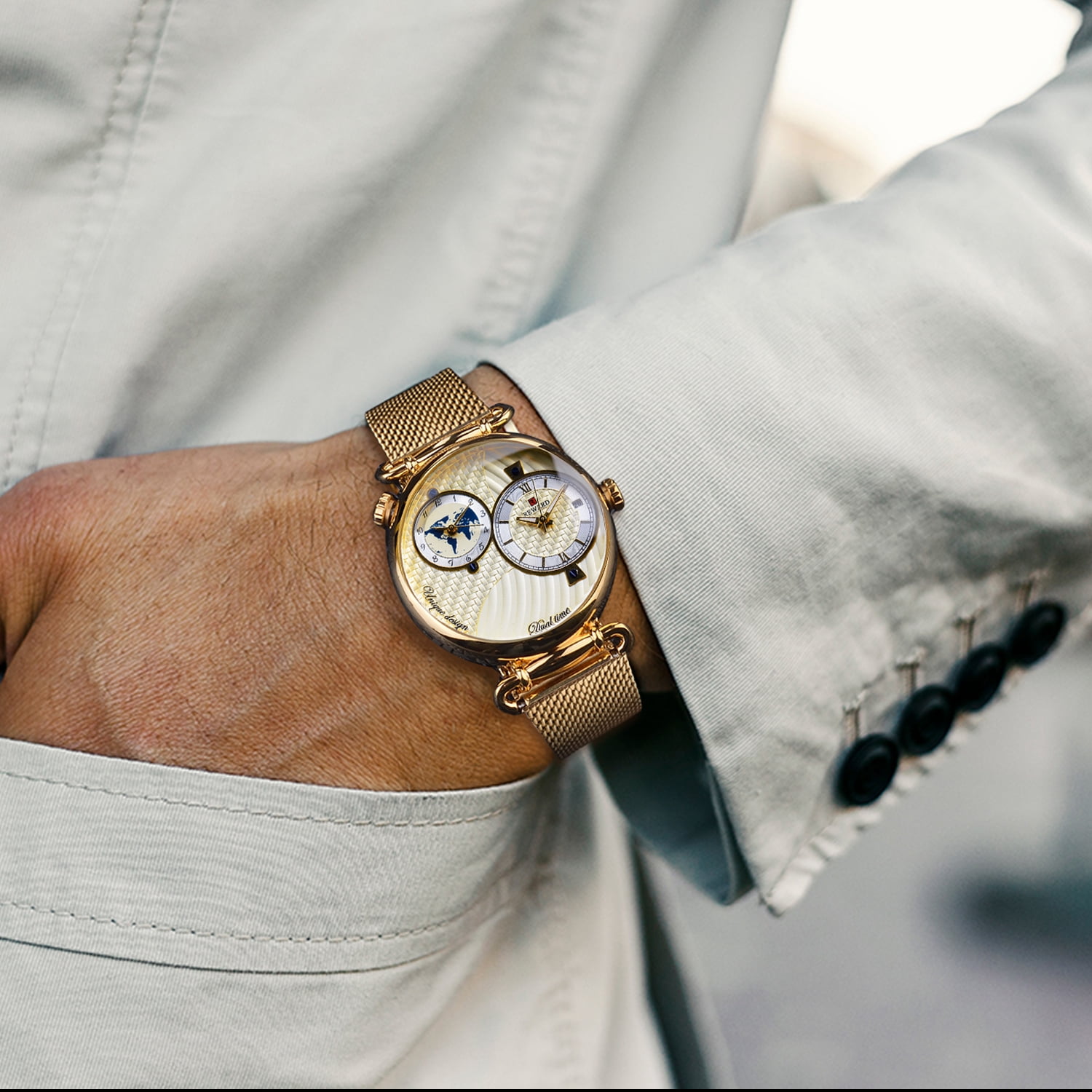 REWARD 2025 Men Watches Golden Classic Vintage Watch For Business Quartz Wristwatch With Gift Box Dual time zone, luminous, Waterproof, Calendar