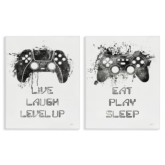 Stupell Industries Gamer Play Splash Controllers Text & Numbers Painting Wrapped Canvas Art Print Wall Art, 16 x 20, Set of 2