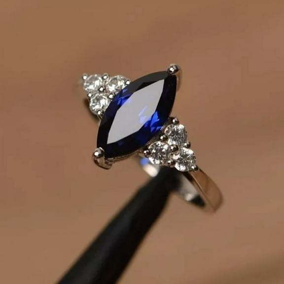 14K White Gold Plated Marquise Lab Created Sapphire Diamond Lab-Created Solitaire Ring Solid 925 Sterling Silver