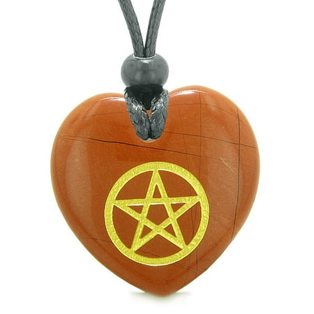 Red Jasper Heart Necklace - Amulet Magical Pentacle Energy Protection Powers Puffy Heart Red Jasper Pendant Adjustable Necklace