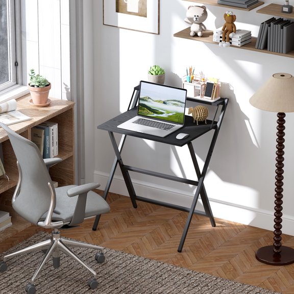 HOMCOM Small Folding Desk Foldable Computer Desk with Monitor Shelf Black