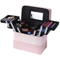 thumbnail image 1 of Caja de almacenamiento de cosméticos de cuero PU, bolsa de aseo portátil grande de alta capacidad para viajes, apertura de 4 lados, color rosa, 1 of 5