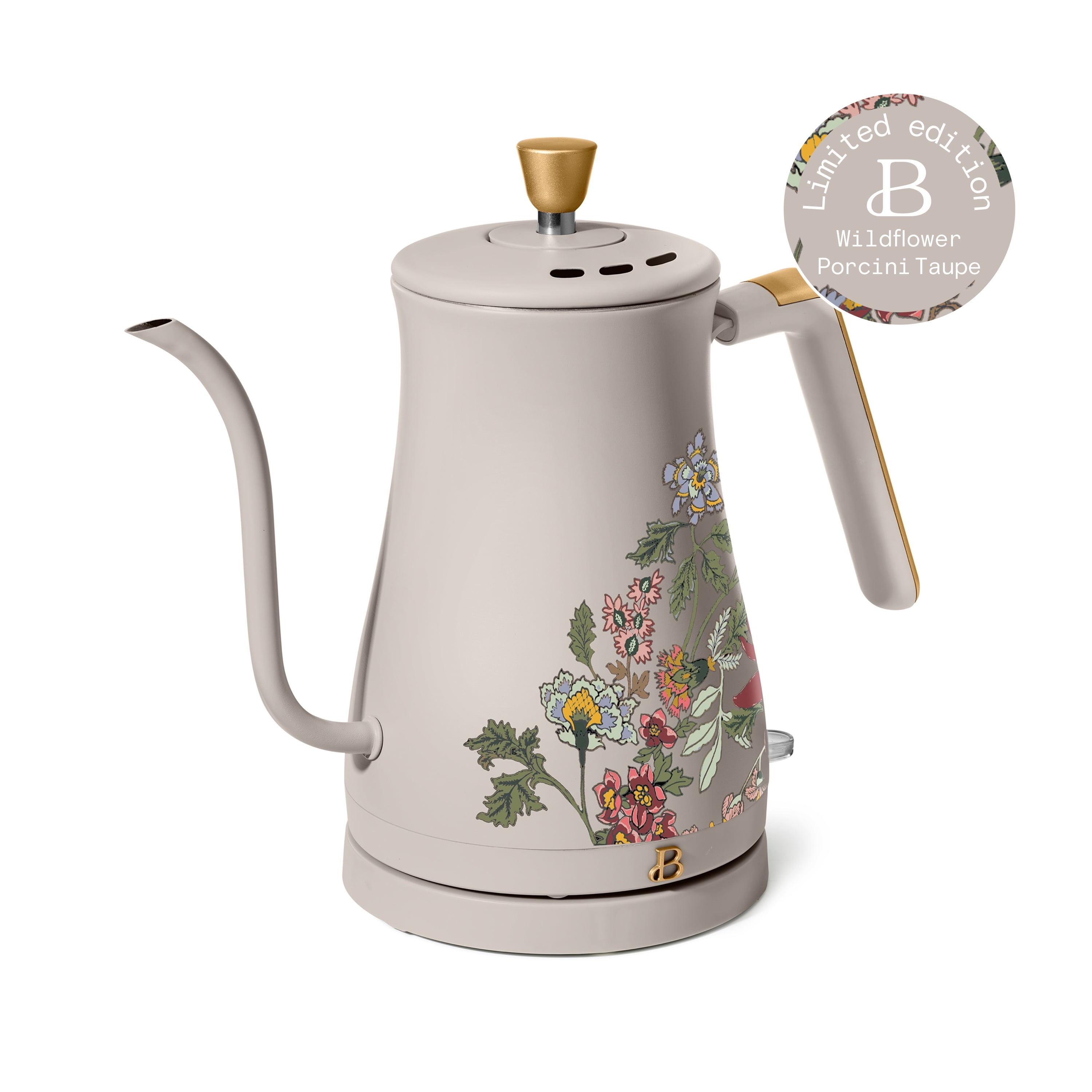 Beautiful 1-Liter Electric Gooseneck Kettle 1200 W, Wildflower Porcini Taupe by Drew Barrymore