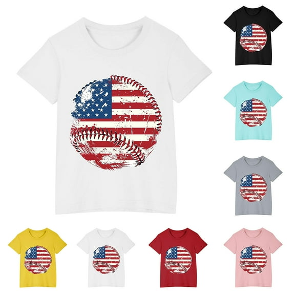 CFLVAEK 4th of July T Shirts for Kids Funny American Flag Baseball Graphic Tees Short Sleeve Crewneck Cotton Tshirt Indenpendence Day Patriotic Tops 4 Years