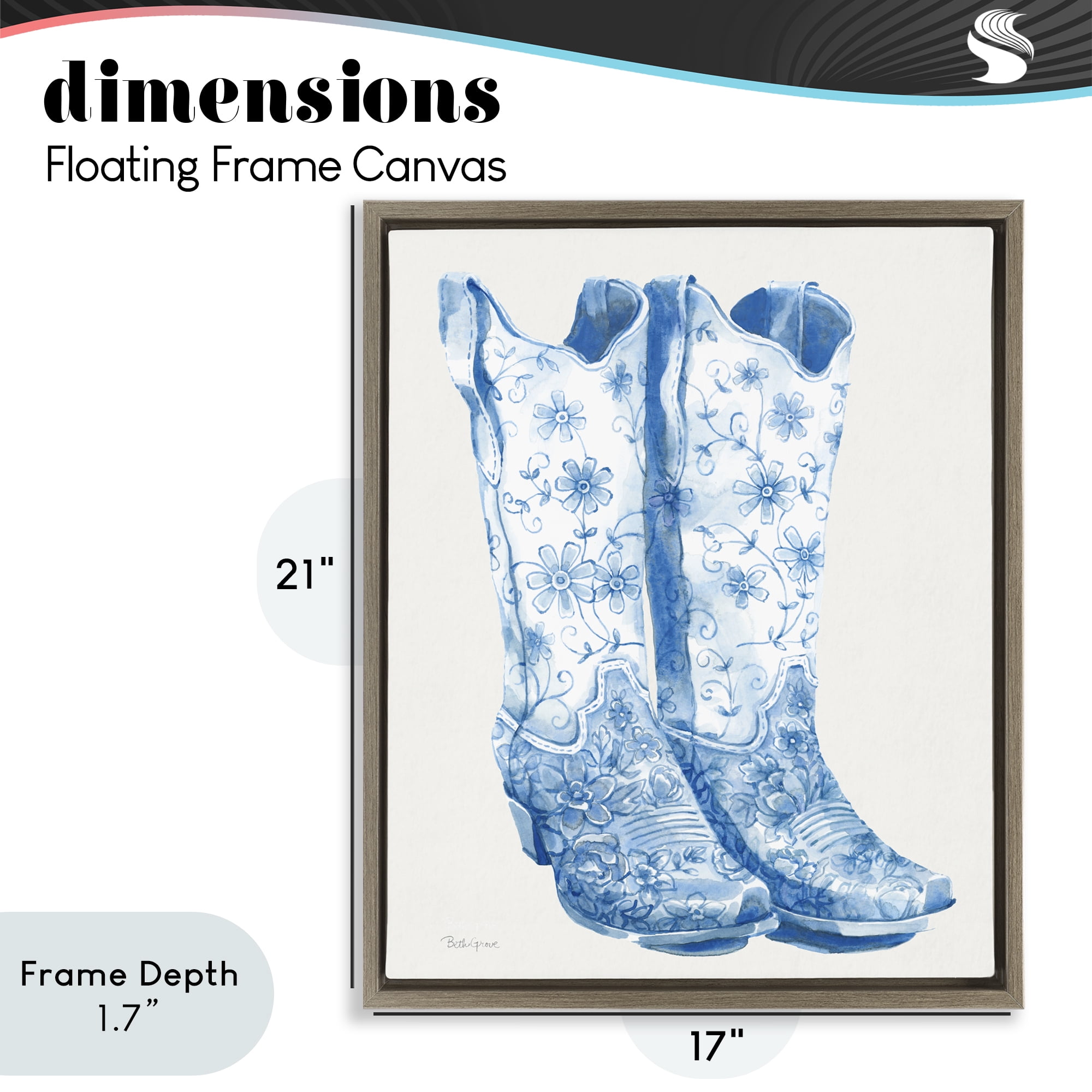 Stupell Industries Blue Boots with Floral Embroidery Brown Framed Floater Canvas Wall Art, design by Beth Grove