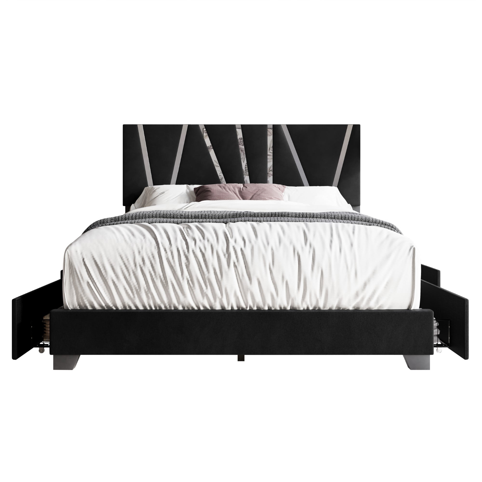 Home Design Hanover Full Upholstered Storage Platform Bed Frame with Silver Acrylic Strip Headboard and Four Under-Drawers, Black, Easy Assembly