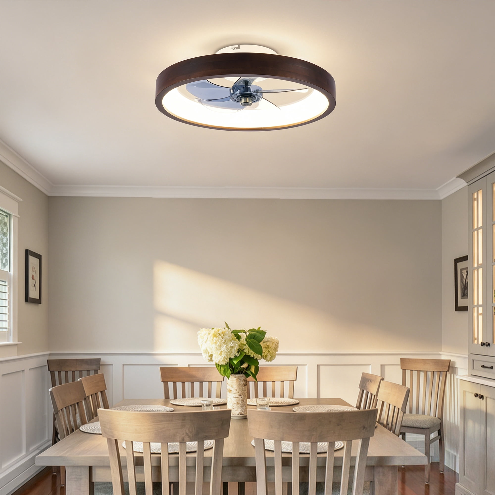 20" Flush Mount Ceiling Fan with Lights, 3000-6500K Dimmable LED, 6 Speeds Reversible Quiet DC Motor, Modern Farmhouse Ceiling Fan for Living Room Bedroom Kitchen, Wood & White
