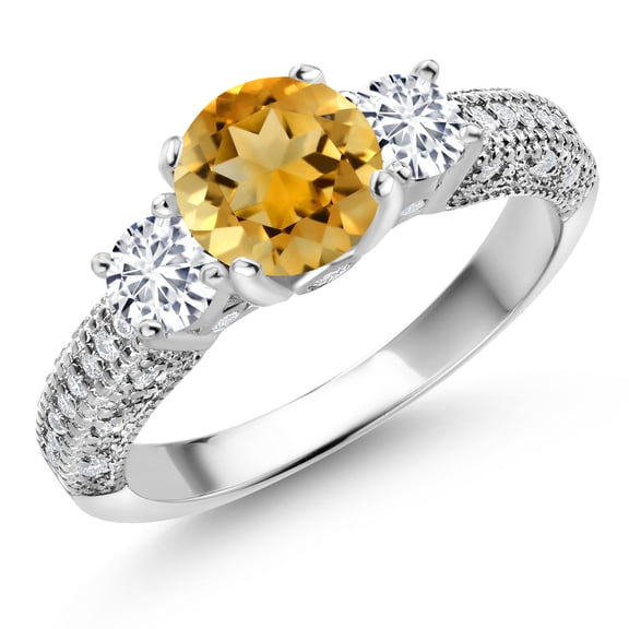 Gem Stone King 925 Sterling Silver Yellow Citrine White Lab Grown Diamond and White Moissanite Engagement Ring for Women (1.92 Cttw, Gemstone November Birthstone, Round 7MM and 4MM, Size 8)