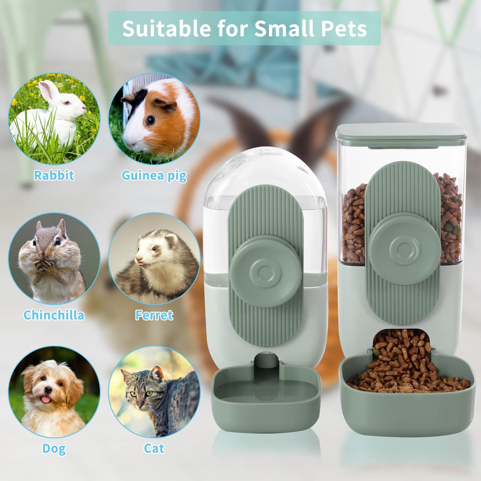 2pcs Hanging Automatic Food Water Dispenser, Gravity Pet Feeder and Waterer Set, Green Cage Food Bowl for Puppy Cat Rabbit Chinchilla Hedgehog