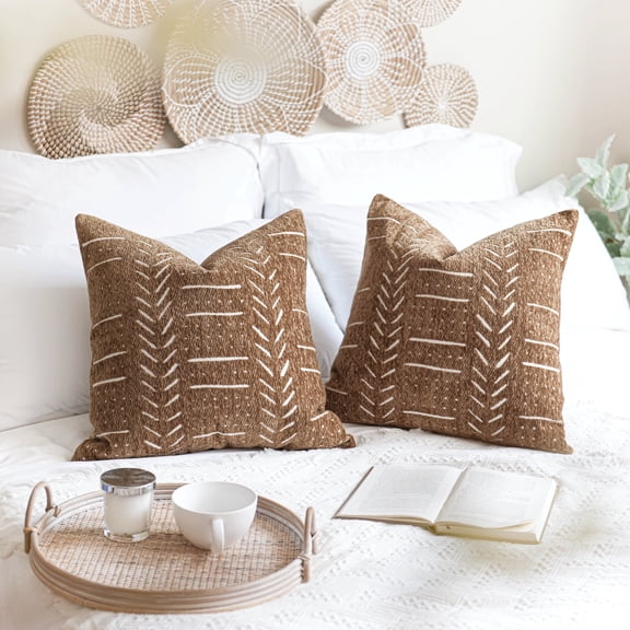 BlissBlush Brown Decorative Throw Pillow Covers 20X20, Set of 2, Boho Farmhouse Cushion Cover, Cozy Soft Accent Pillowcase for Couch Sofa Bed Living Room Home Décor