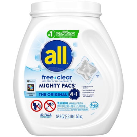 all Unit Dose Laundry Detergent, Mighty Pacs, Free Clear, 80 Count