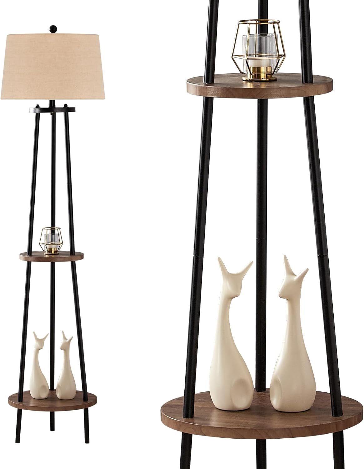 Maxax 65" Tripod Floor Lamp with Shelf, 3-Way Dimmable Standing Lamp with Oatmeal Fabric Shade for Living Room, Bedroom, Office