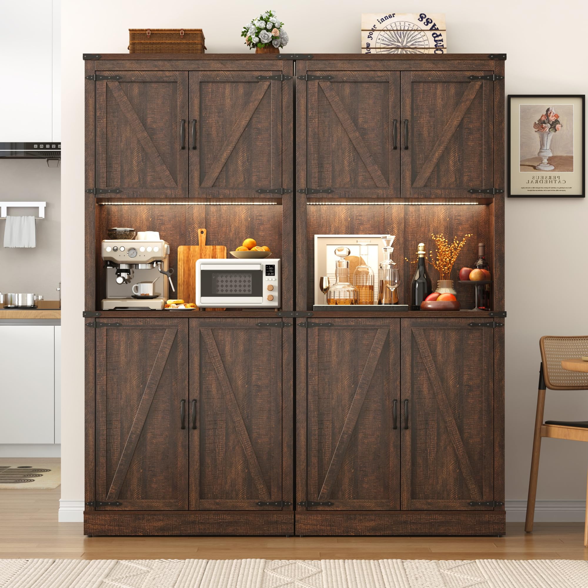 72" Tall Farmhouse Kitchen Pantry Cabinet with 10 Side Shelves and LED Light & Power Outlet, 5 Layers Pantry Storage Cabinet with Barn Doors&Load-Bearing Steel Pipe for Dining Room,Living Room,White