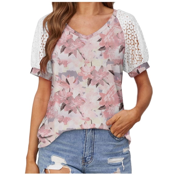 Tops Women's Hollow Out Lace Short Sleeve V Neck Patchwork Summer Top Tee Casual Loose Fit Dressy Blouses Mom Gifts