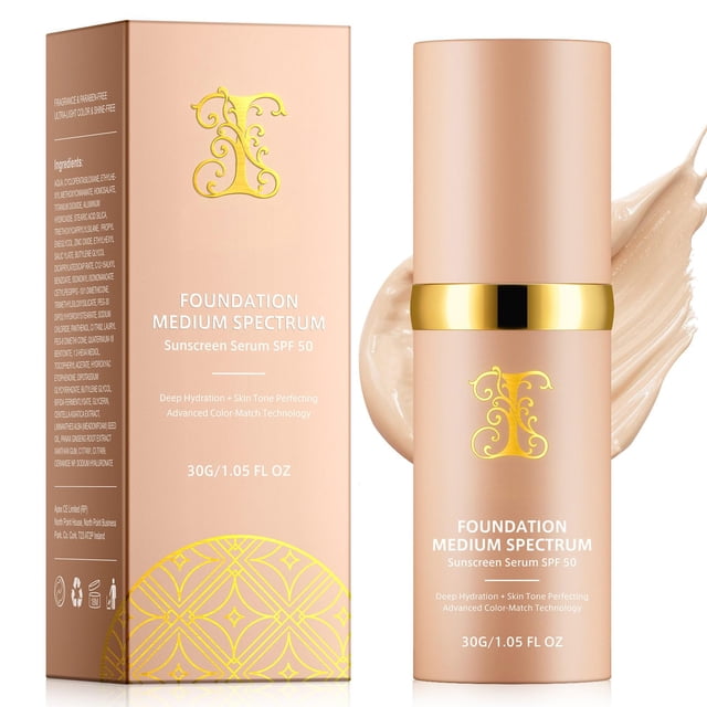 Base de maquillaje 4 en 1 líquida de media, maquillaje con acabado impecable SPF 50+ y base hidratante de larga duración e impermeable que cambia de color, espectro de luz para gimnasio, deportes, b