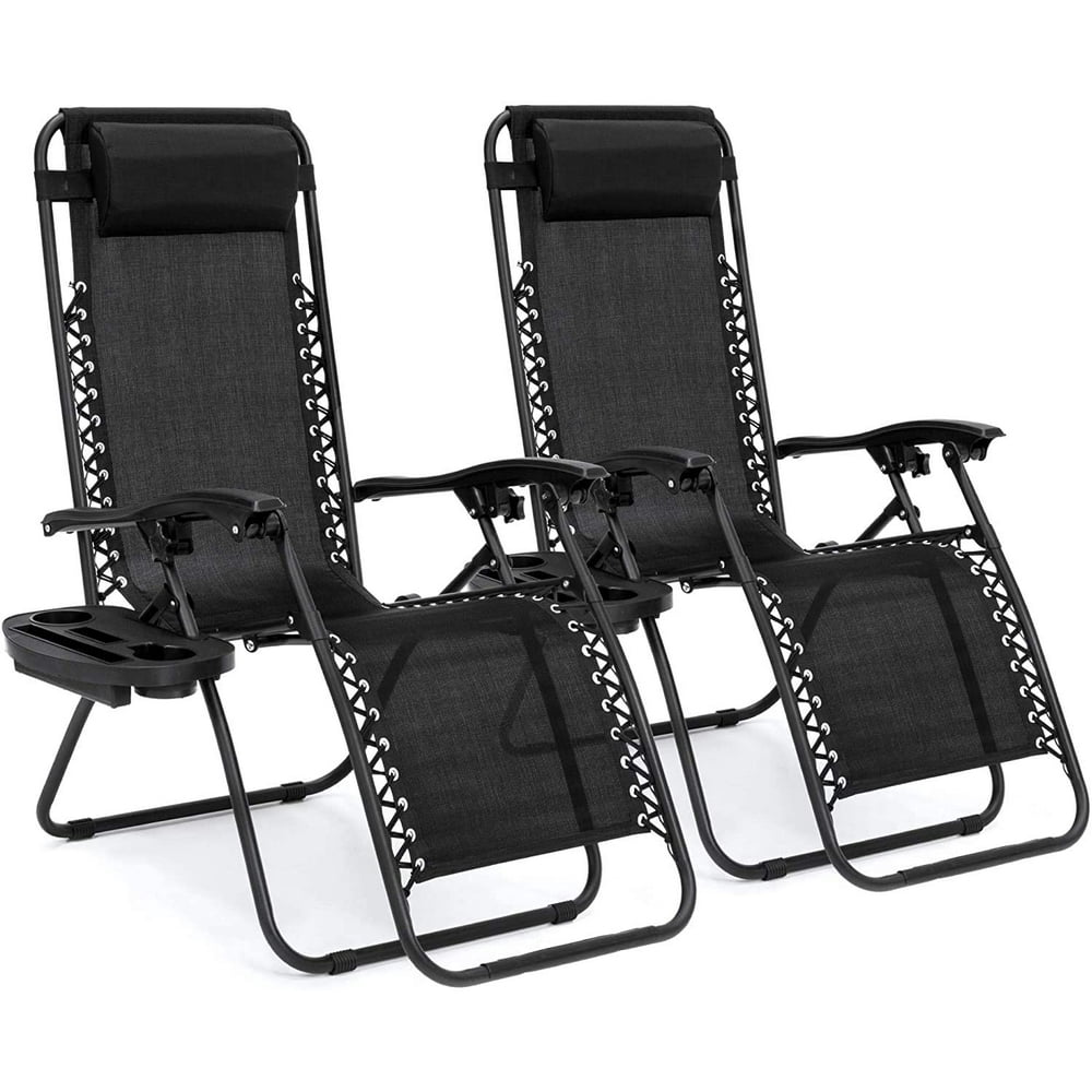 Deconi Set of 2 Adjustable Steel Mesh Zero Gravity Lounge Chair Recliners w/Pillows and Cup 