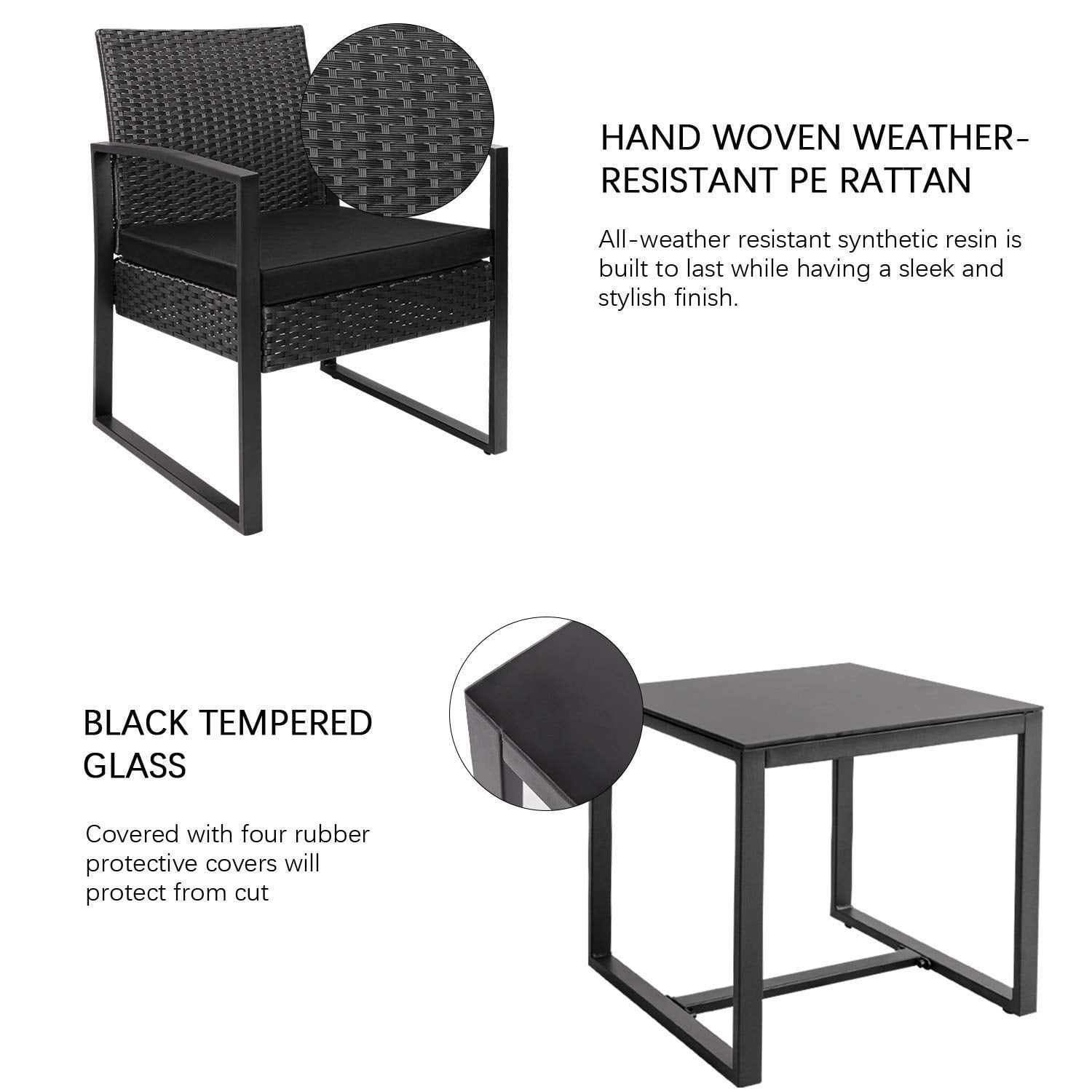 Walnew Patio Furniture Cushioned PE Rattan Bistro Chairs Set of 2 with Table, 3 Piece