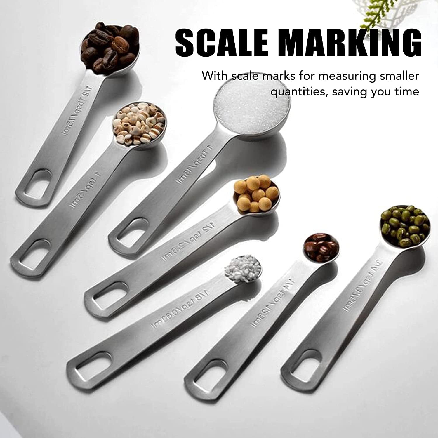 7 Piece Measuring Spoons Cups Set, Stainless Steel Stackable Teaspoons,  Small Tablespoon with Etched Mark Bonus Leveler Removable Clasp for Dry and