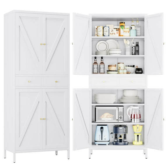 AOBABO Kitchen Pantry Storage Cabinet with 2 Drawers for Kitchen,Living Room,Metal Storage Cabinets with 4 Adjustable Shelves,Assembly Required,White