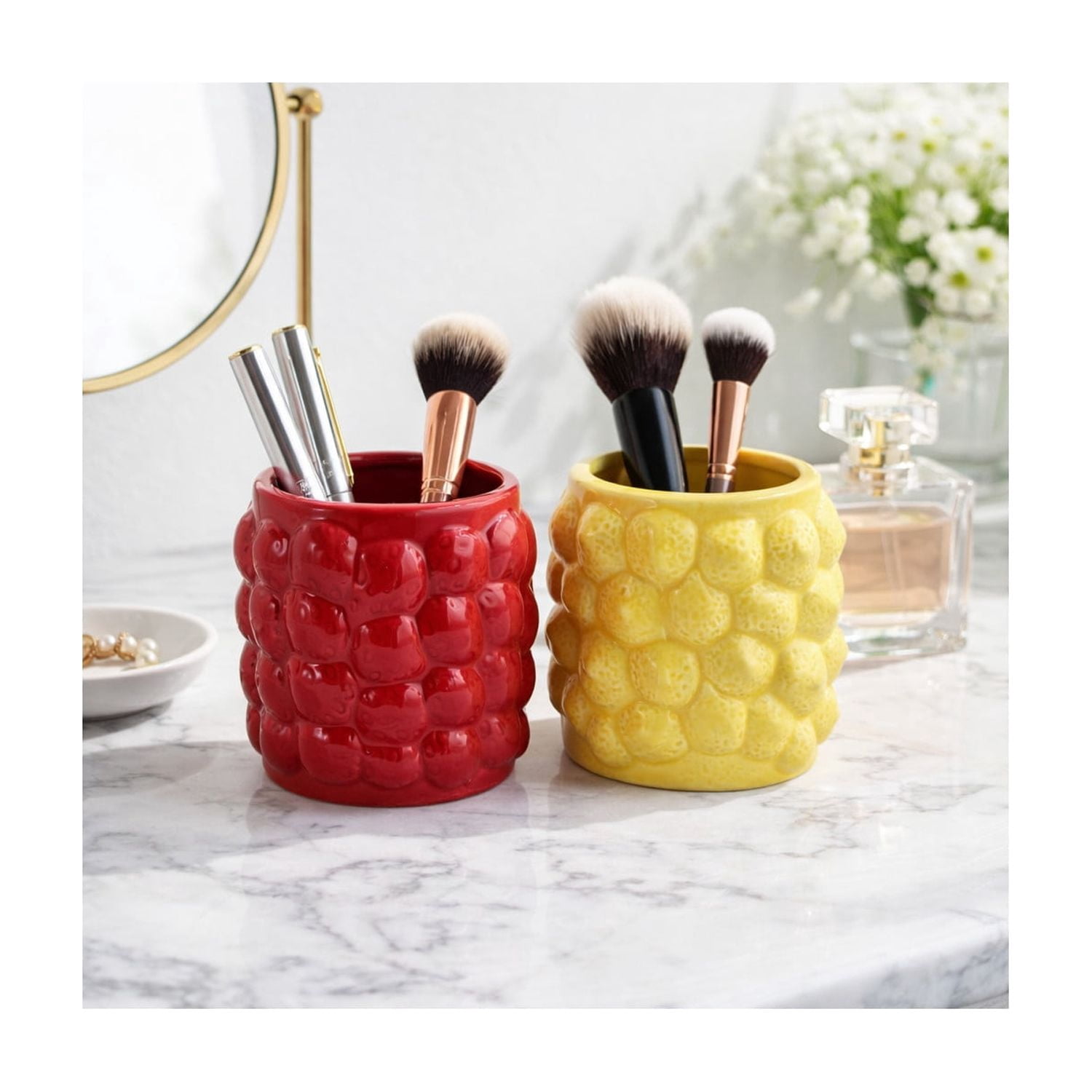 Modern Ceramic Pencil Cup for Desk and Desktop Organization - Small Ceramic Desk Storage Organizer for Office Workspace - Decorative Accessory for Home Decor Display - Set of 2, 4", Red & Yellow