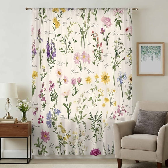 Botanical Garden Florals Sheer Curtains 84 Inches Long, Spring Watercolor Wildflowers Light Filering Curtains, Breathable Simi Curtain Privacy Drapes for Living Room Bedroom Window Treatment