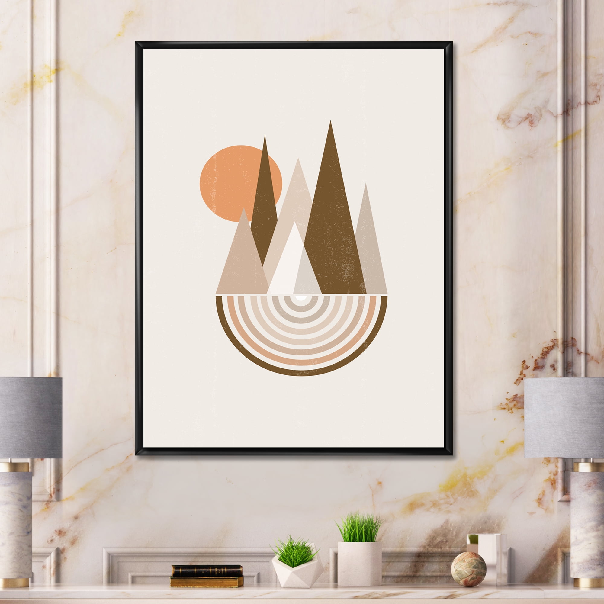 Designart 'Minimalistic Red Full moon Landscape With Mountain' Modern Framed Canvas Wall Art Print