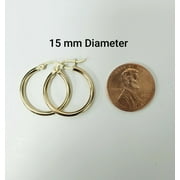 10K Yellow Gold Hoop Loop Earrings Round Snap Closure 2MM Thickness (15mm)