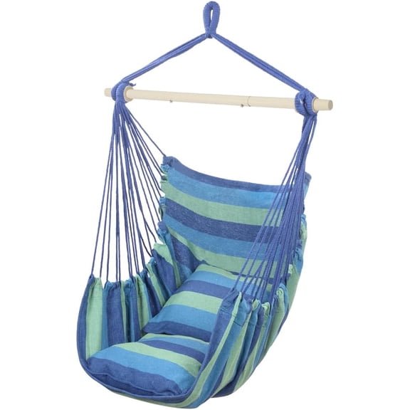 ONCLOUD Hammock Hanging Chair with Two Cushions – Portable -Style Outdoor/Indoor Hanging Seat with Cushions, 500lb Capacity, Blue Green Stripe