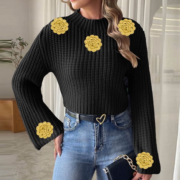 Ailaofu Women's Mock Neck Fall Sweater Flower Cable Knit Pullover Tops