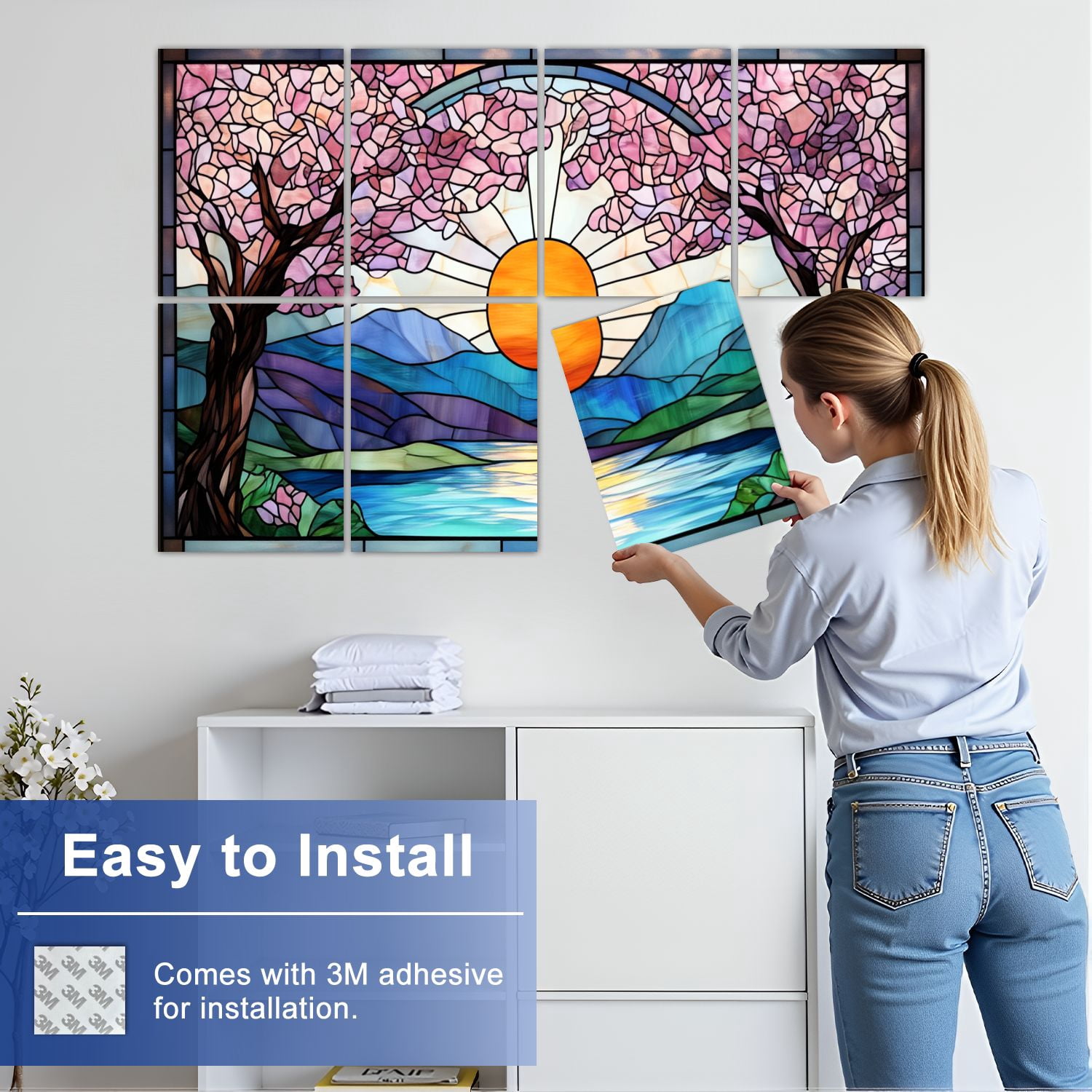 Stained Glass Style 8 Pack Art Acoustic Panels Sound Absorbing Cherry Blossom Trees Mountain Decorative Soundproof Wall Panels Self Adhesive for Nursery Game Room Bedroom 48"x32"