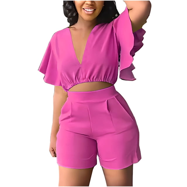 Birdeem Womens Ruffle Short Sleeve V-Neck Top Casual Shorts Summer Plus Size Women Suits