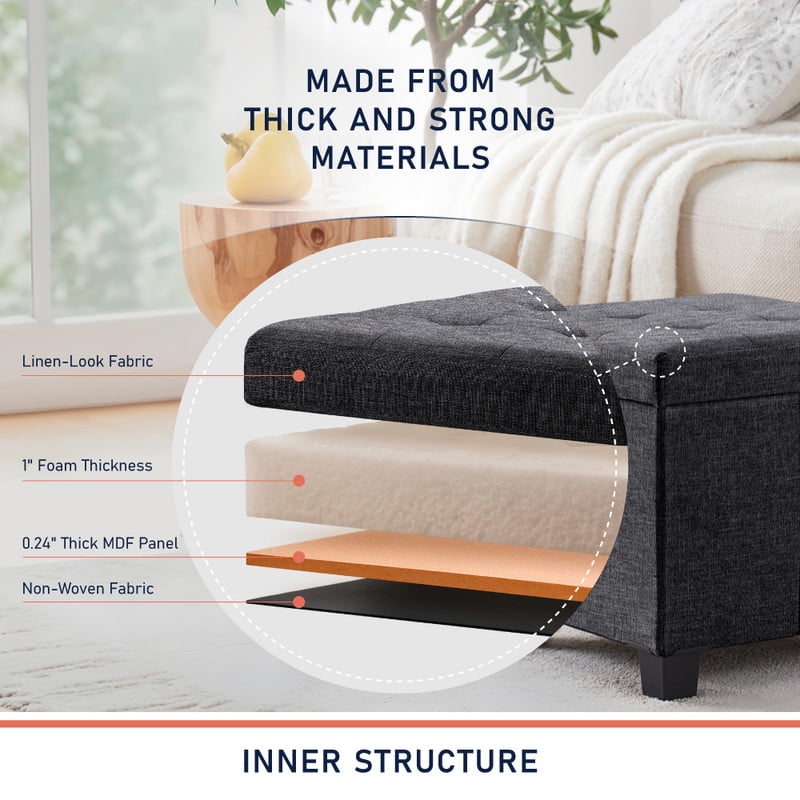 Ornavo Home 15 Inch Folding Storage Ottoman with Storage, Square Cube Linen Small Storage Ottoman Foot Rest Stool with Legs