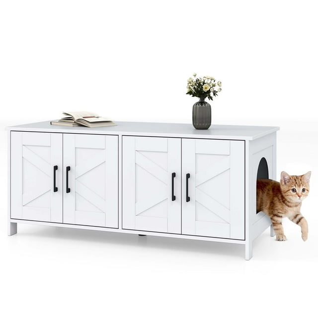 Gymax Cat Litter Box Enclosure for 2 Cats w/ Double Rooms Wooden Cat Washroom Cabinet White