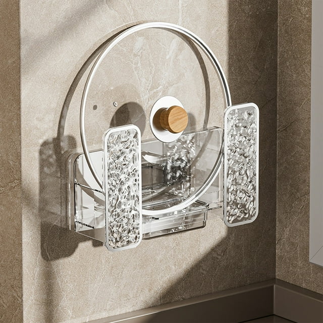 Wall Mounted Pot Lid Holder Rack | No Drill Kitchen Storage Shelf for Lids & Cutting Boards | Space Saving Drainage Design | Clear Glacier Style Plastic Organizer