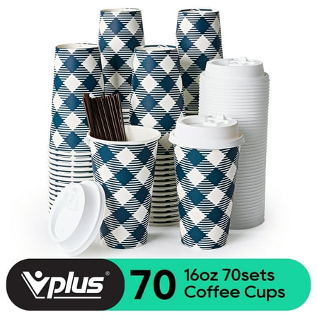 VPLUS 70 Pack 16 oz Paper Coffee Cups, Disposable Paper Cups with Lids and Stirrers
