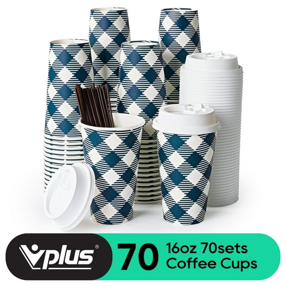 VPLUS 70 Pack 16 oz Paper Coffee Cups, Disposable Paper Cups with Lids and Stirrers