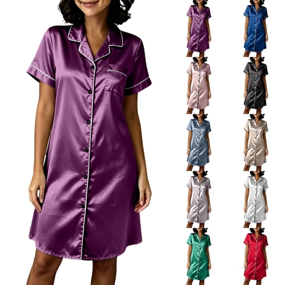 Nightgowns for Women Zaewscy Women's Casual Home Wear Cardigan Short-sleeved Nightgown Purple M
