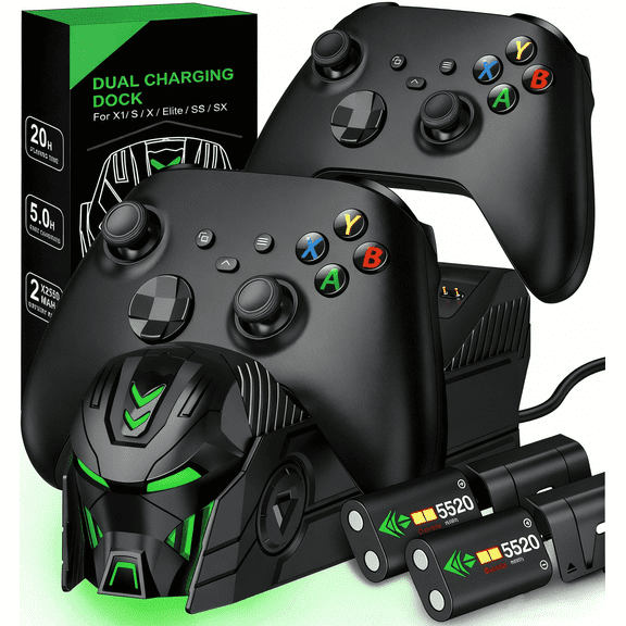 For Xbox Controller Charger, QQV Xbox Charging Station with 2x5520mWh Rechargeable Battery Packs for Xbox Series X|S /One/Elite Controller