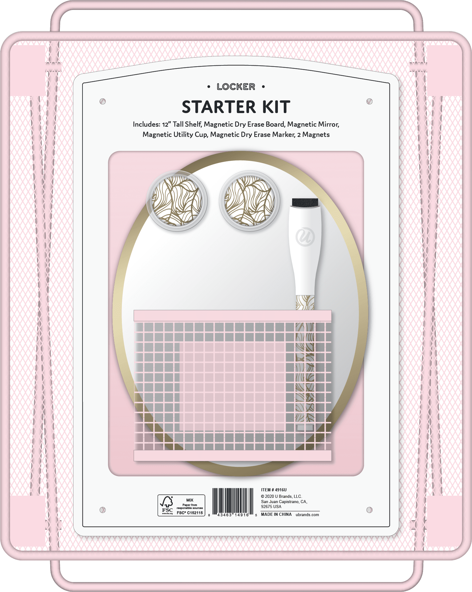 U Brands Wire Locker Starter Kit, Shelf and Accessories, Blush, 4916U